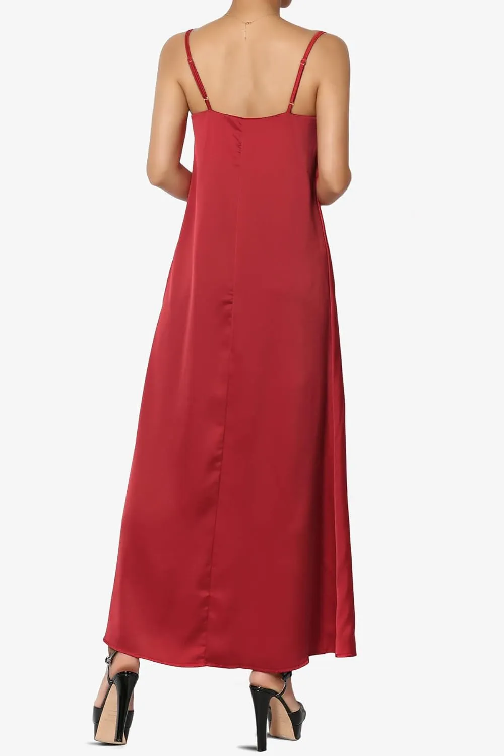 TheMogan Sleeveless Spaghetti Strap Silky Stretch Satin Knee Midi Slip Dress