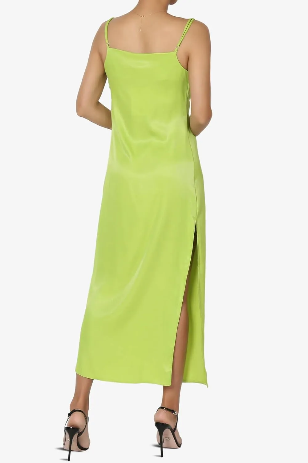 TheMogan Sleeveless Spaghetti Strap Silky Stretch Satin Knee Midi Slip Dress