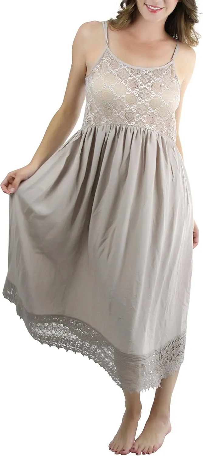 ToBeInStyle Women's Layering Lace Trimmed Midi Nightgowns Slip Dress