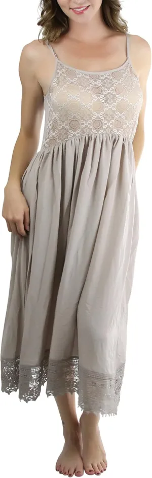 ToBeInStyle Women's Layering Lace Trimmed Midi Nightgowns Slip Dress
