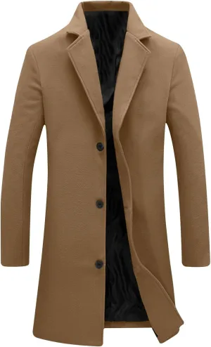 Trench Coat Men Single Breasted Wool Blend Coat Mid Length Pea Coat Notch Lapel Jacket Business Casual Overcoat