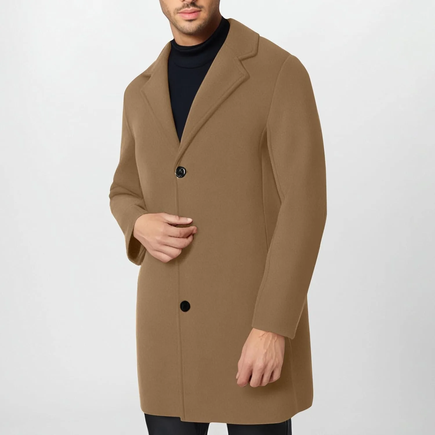 Trench Coat Men Single Breasted Wool Blend Coat Mid Length Pea Coat Notch Lapel Jacket Business Casual Overcoat