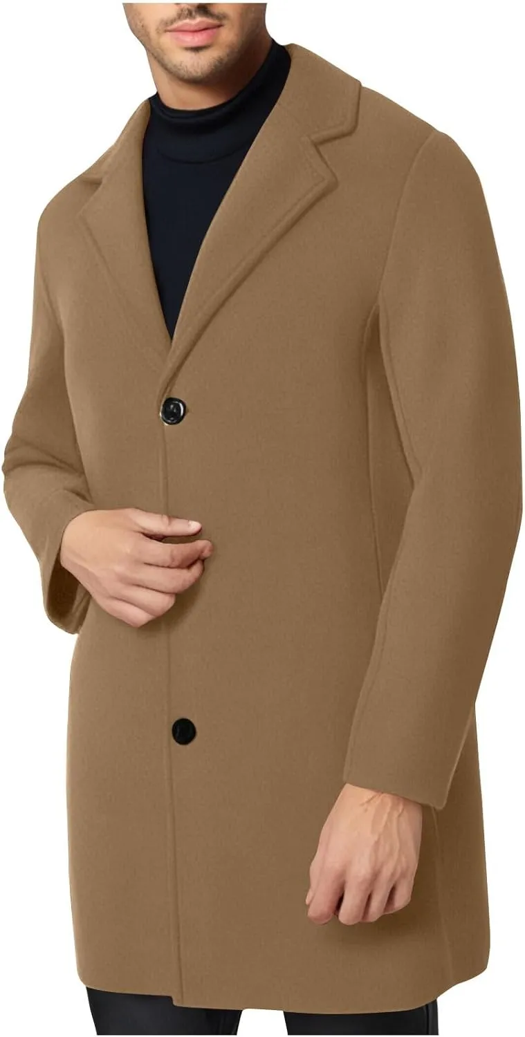 Trench Coat Men Single Breasted Wool Blend Coat Mid Length Pea Coat Notch Lapel Jacket Business Casual Overcoat