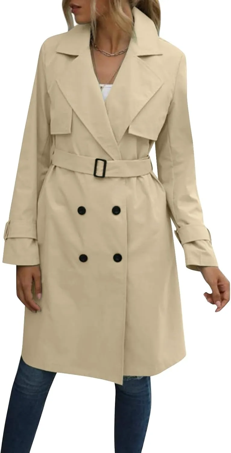 Trench Coat Women,2024 Classic Lapel Double Breasted Overcoat With Belted Elegant Trendy Mid-Length Fall Windbreaker