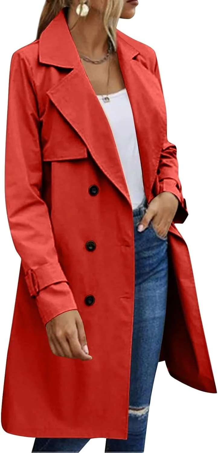Trench Coat Women,2024 Classic Lapel Double Breasted Overcoat With Belted Elegant Trendy Mid-Length Fall Windbreaker