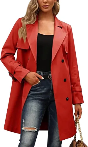 Trench Coat Women,2024 Classic Lapel Double Breasted Overcoat With Belted Elegant Trendy Mid-Length Fall Windbreaker