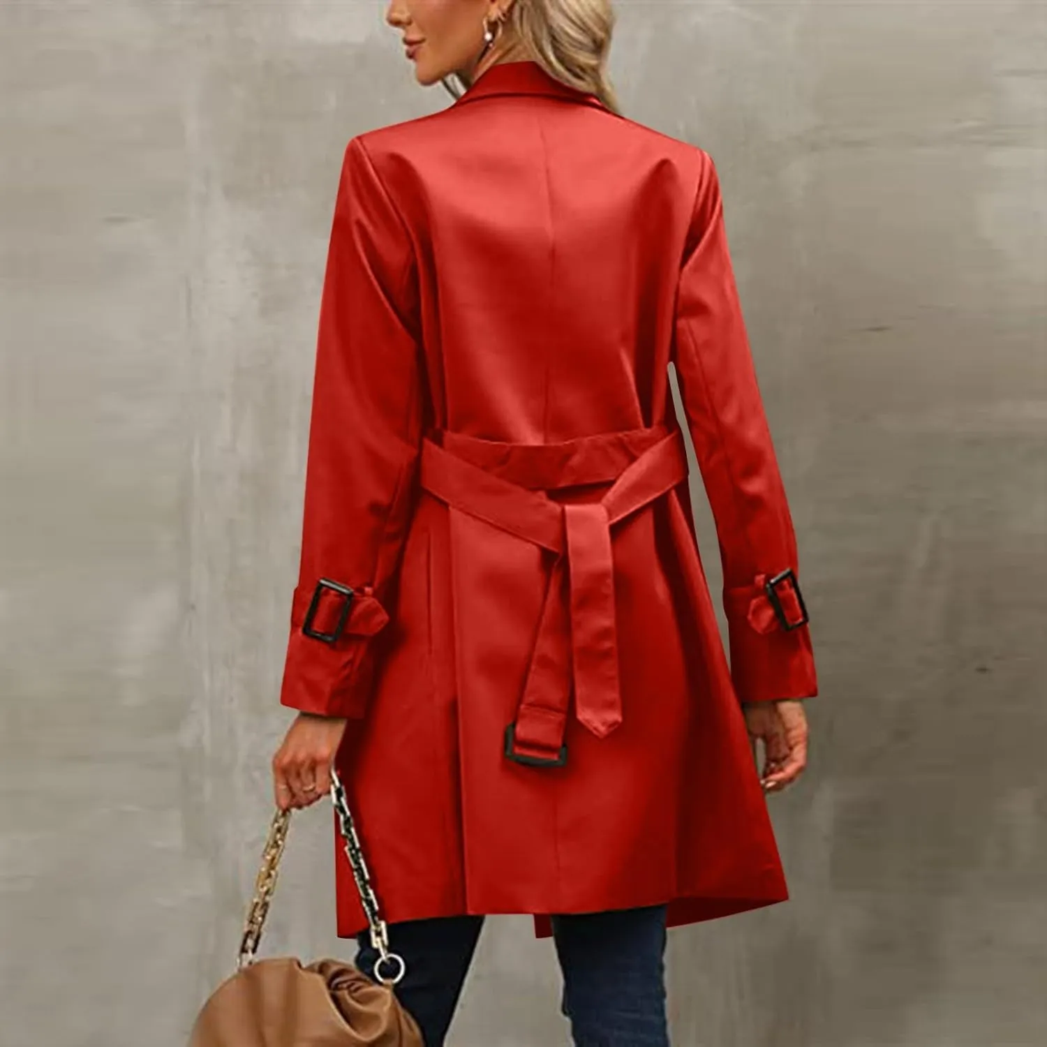 Trench Coat Women,2024 Classic Lapel Double Breasted Overcoat With Belted Elegant Trendy Mid-Length Fall Windbreaker