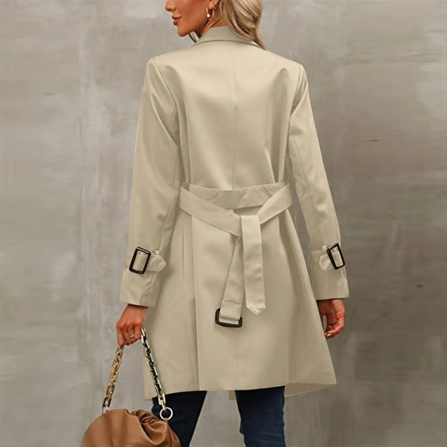 Trench Coat Women,2024 Classic Lapel Double Breasted Overcoat With Belted Elegant Trendy Mid-Length Fall Windbreaker