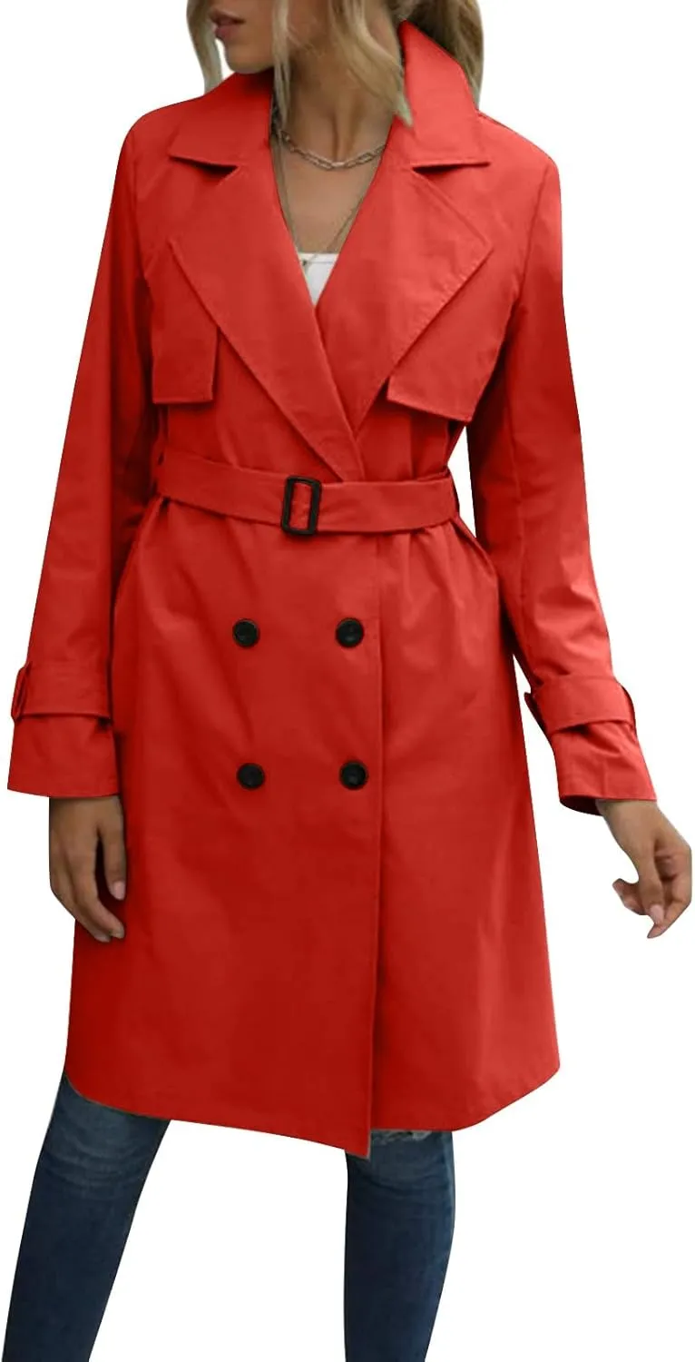 Trench Coat Women,2024 Classic Lapel Double Breasted Overcoat With Belted Elegant Trendy Mid-Length Fall Windbreaker