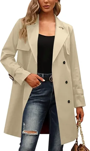Trench Coat Women,2024 Classic Lapel Double Breasted Overcoat With Belted Elegant Trendy Mid-Length Fall Windbreaker