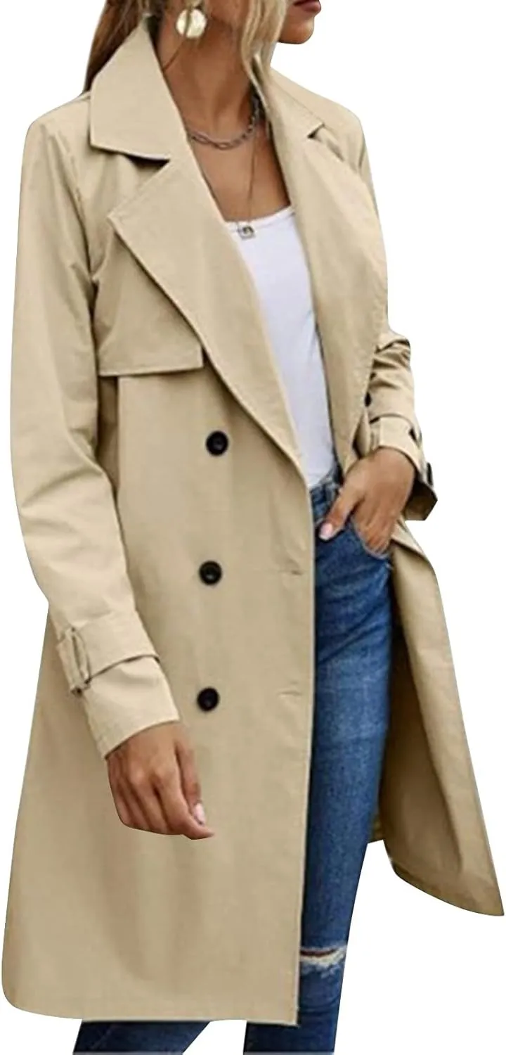 Trench Coat Women,2024 Classic Lapel Double Breasted Overcoat With Belted Elegant Trendy Mid-Length Fall Windbreaker