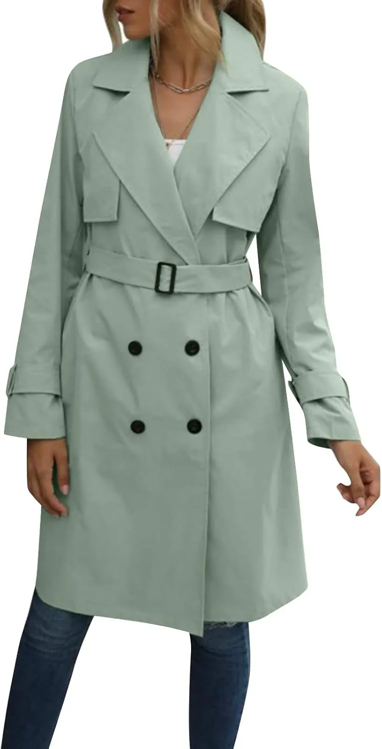 Trench Coat Women,2024 Classic Lapel Double Breasted Overcoat With Belted Elegant Trendy Mid-Length Fall Windbreaker