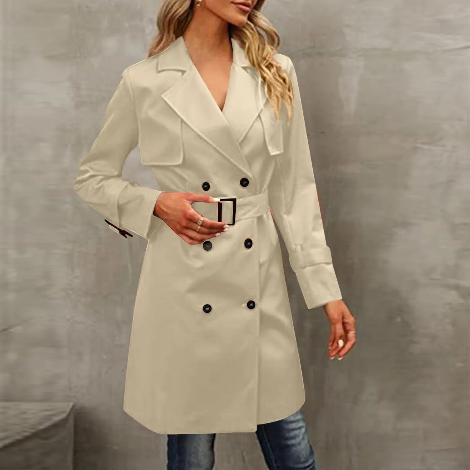 Trench Coat Women,2024 Classic Lapel Double Breasted Overcoat With Belted Elegant Trendy Mid-Length Fall Windbreaker