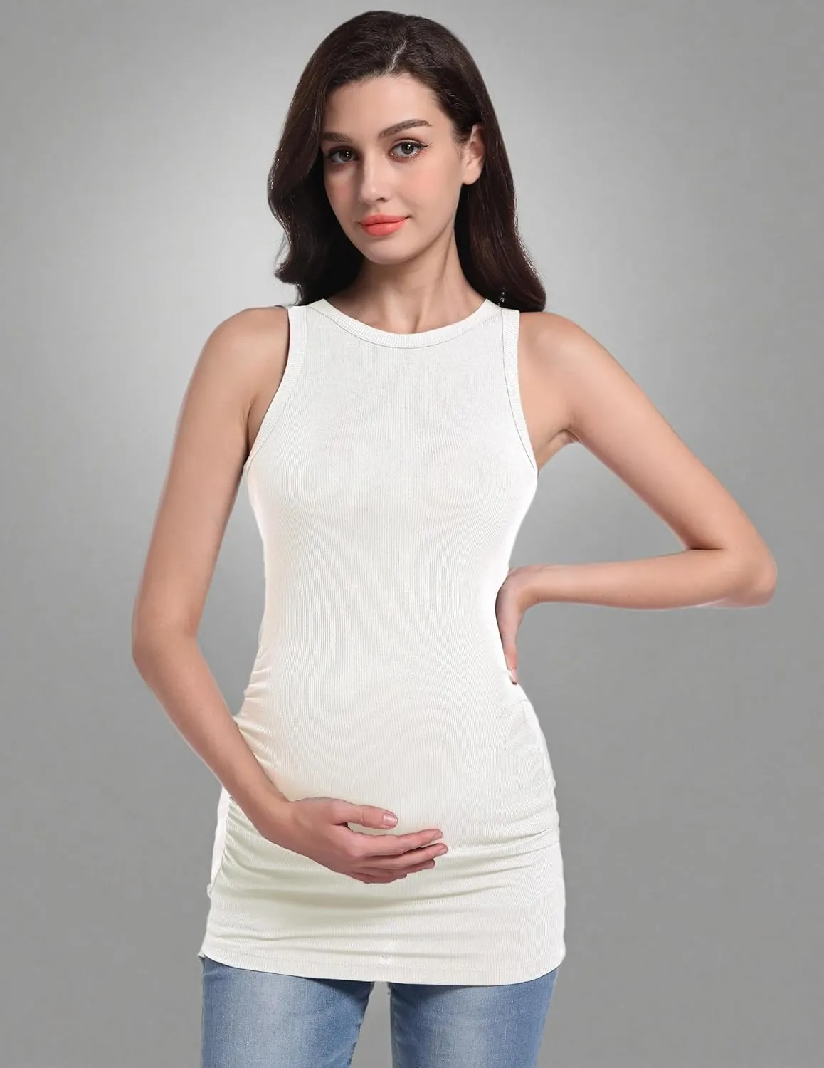 V VOCNI Maternity Tank Tops Women's Sleeveless Racerback High Neck Casual Ribbed Fitted Tops Cami Top Shirt Pregnancy Tee