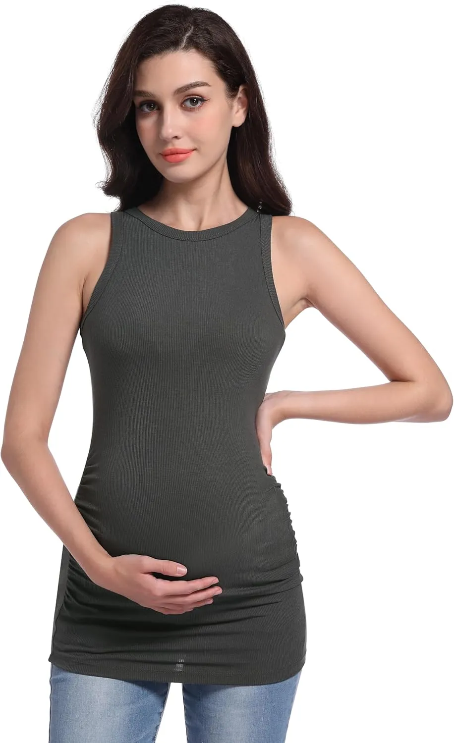 V VOCNI Maternity Tank Tops Women's Sleeveless Racerback High Neck Casual Ribbed Fitted Tops Cami Top Shirt Pregnancy Tee
