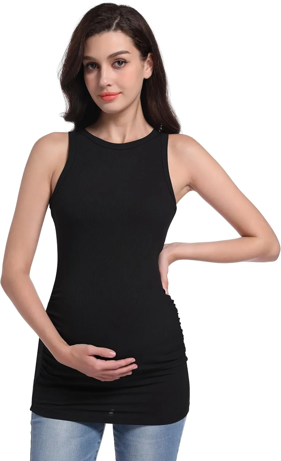 V VOCNI Maternity Tank Tops Women's Sleeveless Racerback High Neck Casual Ribbed Fitted Tops Cami Top Shirt Pregnancy Tee