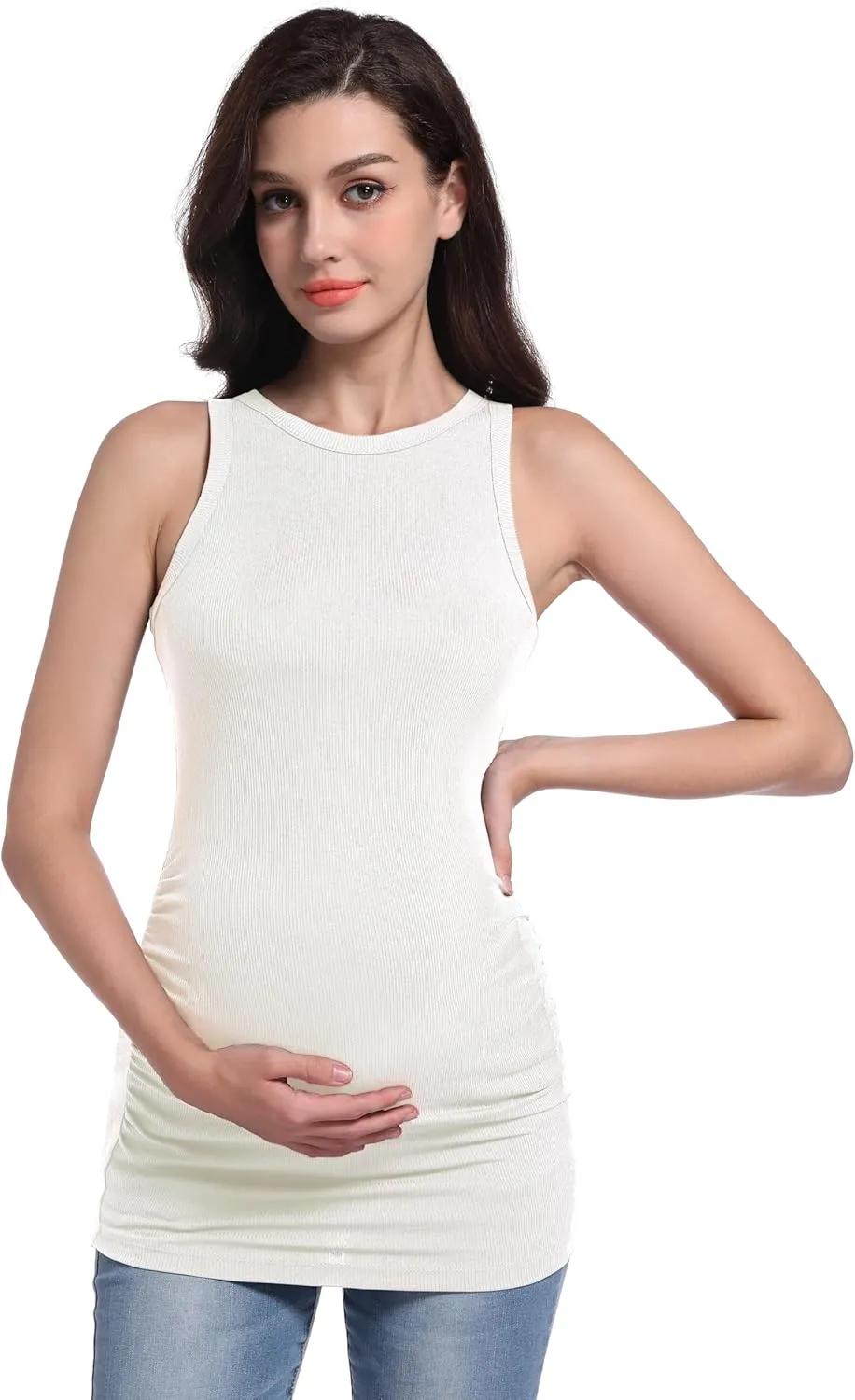 V VOCNI Maternity Tank Tops Women's Sleeveless Racerback High Neck Casual Ribbed Fitted Tops Cami Top Shirt Pregnancy Tee