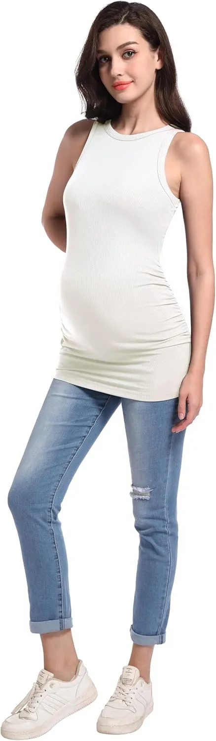 V VOCNI Maternity Tank Tops Women's Sleeveless Racerback High Neck Casual Ribbed Fitted Tops Cami Top Shirt Pregnancy Tee