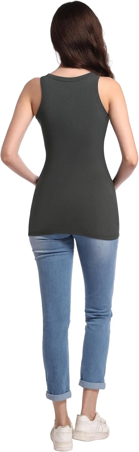 V VOCNI Maternity Tank Tops Women's Sleeveless Racerback High Neck Casual Ribbed Fitted Tops Cami Top Shirt Pregnancy Tee