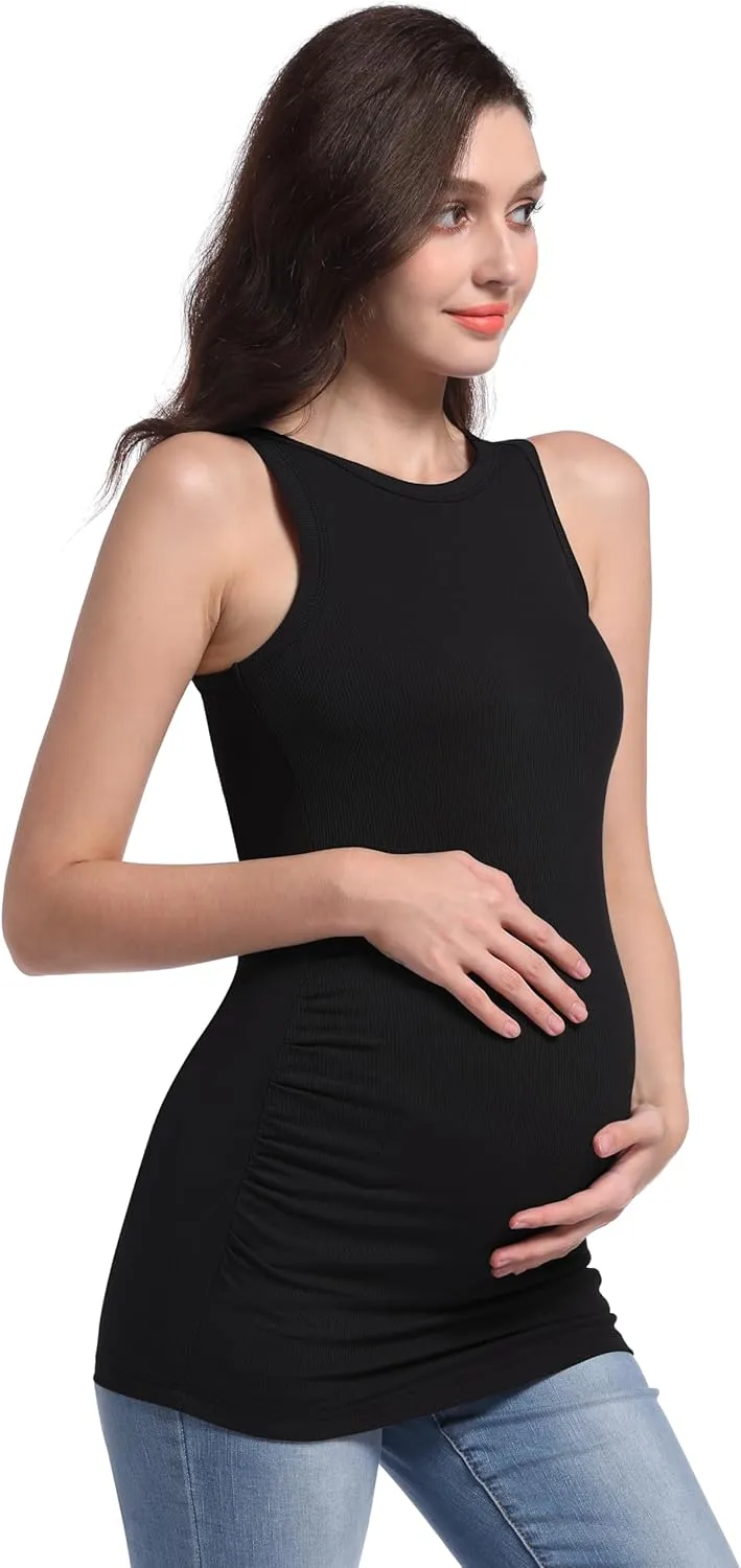 V VOCNI Maternity Tank Tops Women's Sleeveless Racerback High Neck Casual Ribbed Fitted Tops Cami Top Shirt Pregnancy Tee
