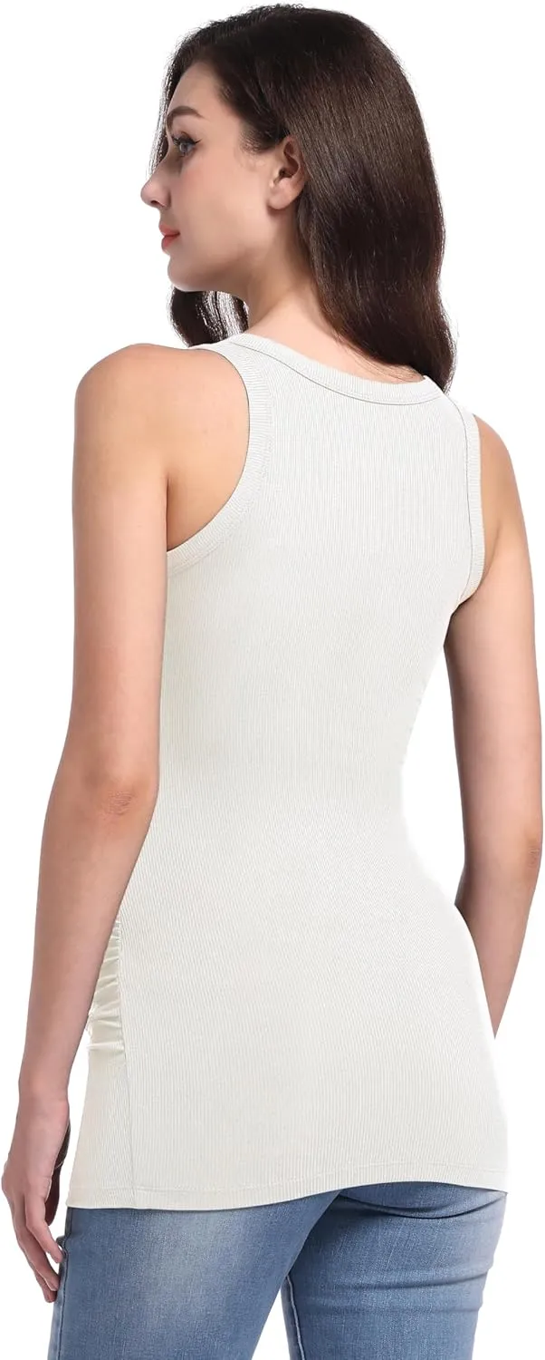 V VOCNI Maternity Tank Tops Women's Sleeveless Racerback High Neck Casual Ribbed Fitted Tops Cami Top Shirt Pregnancy Tee
