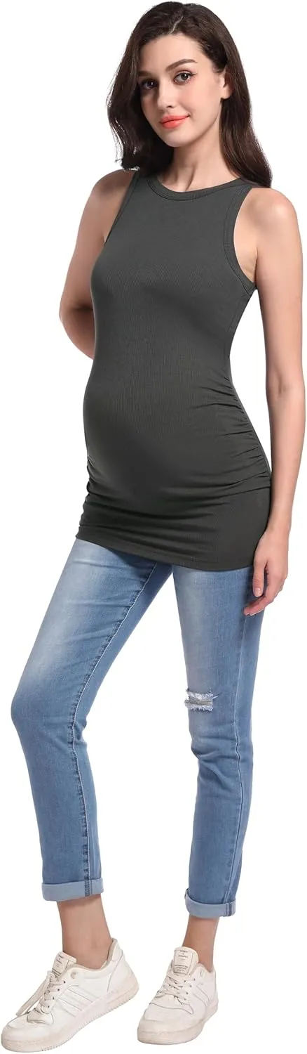 V VOCNI Maternity Tank Tops Women's Sleeveless Racerback High Neck Casual Ribbed Fitted Tops Cami Top Shirt Pregnancy Tee