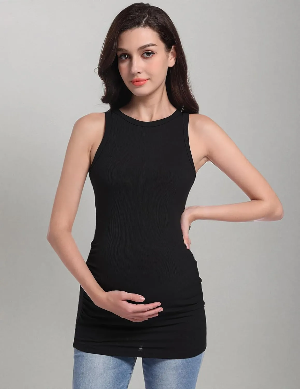 V VOCNI Maternity Tank Tops Women's Sleeveless Racerback High Neck Casual Ribbed Fitted Tops Cami Top Shirt Pregnancy Tee