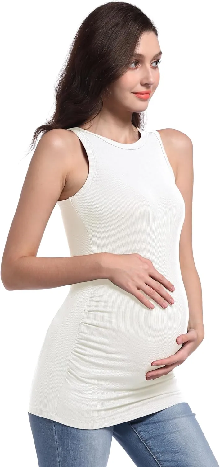 V VOCNI Maternity Tank Tops Women's Sleeveless Racerback High Neck Casual Ribbed Fitted Tops Cami Top Shirt Pregnancy Tee