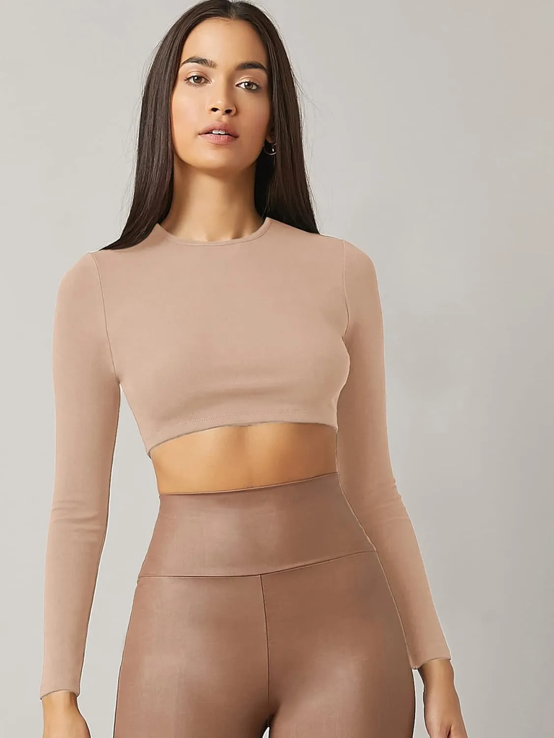 Verdusa Women's Basic Long Sleeve Crew Neck Fitted Crop Top Tee Shirt