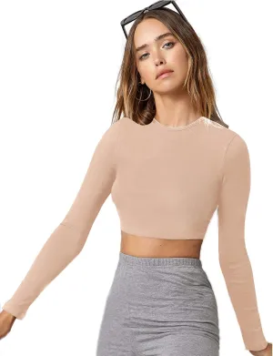 Verdusa Women's Basic Long Sleeve Crew Neck Fitted Crop Top Tee Shirt