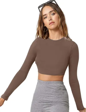Verdusa Women's Basic Long Sleeve Crew Neck Fitted Crop Top Tee Shirt