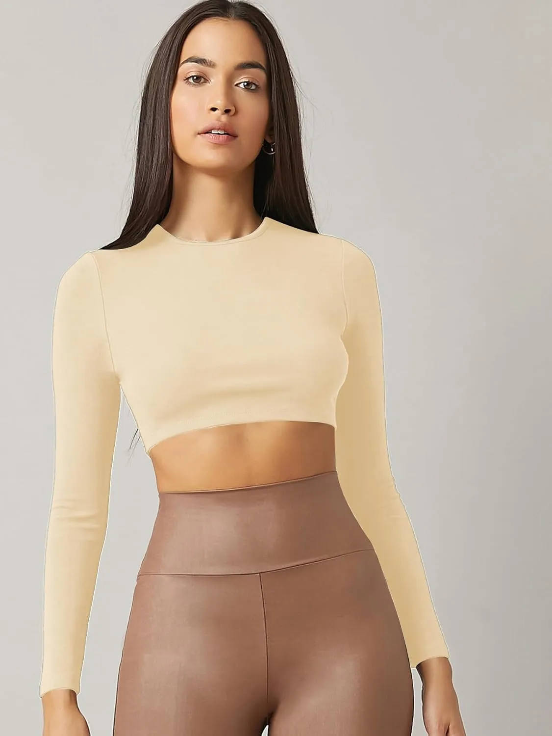 Verdusa Women's Basic Long Sleeve Crew Neck Fitted Crop Top Tee Shirt