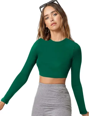 Verdusa Women's Basic Long Sleeve Crew Neck Fitted Crop Top Tee Shirt