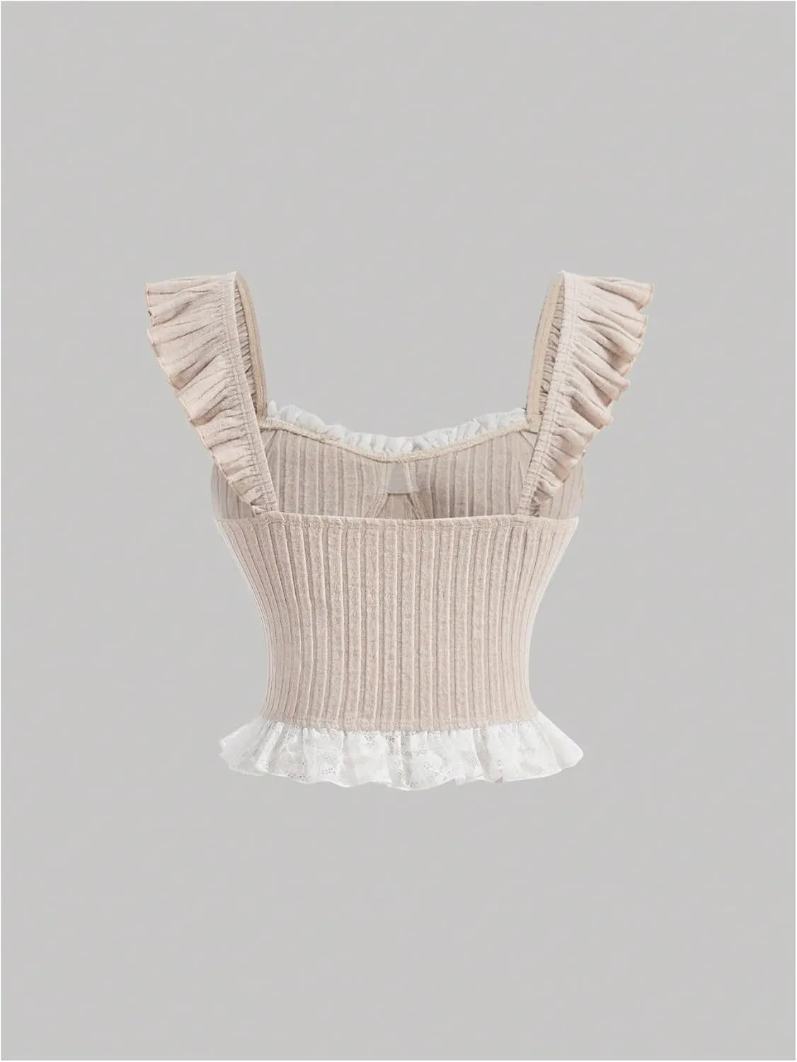 Verdusa Women's Contrast Lace Ruffle Trim Bustier Crop Tops Tie Front Ruched Cami Top