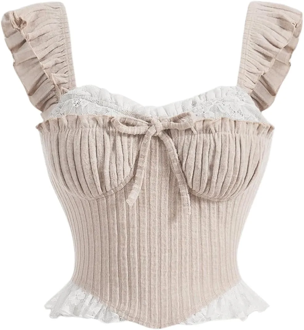 Verdusa Women's Contrast Lace Ruffle Trim Bustier Crop Tops Tie Front Ruched Cami Top
