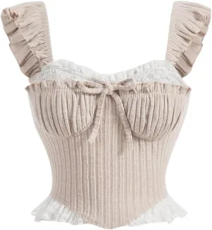 Verdusa Women's Contrast Lace Ruffle Trim Bustier Crop Tops Tie Front Ruched Cami Top
