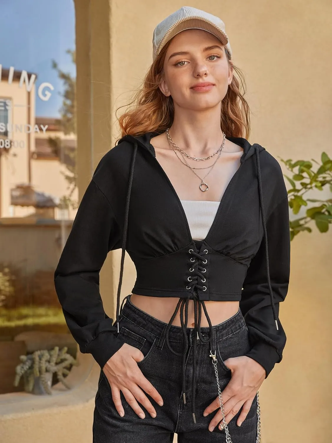 Verdusa Women's Lace Up Front Long Sleeve Drawstring Hoodie Crop Top