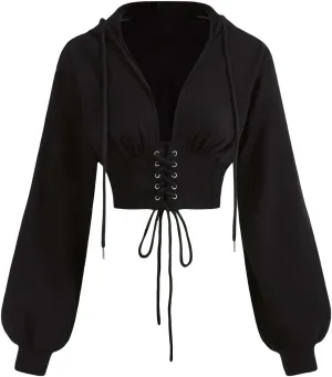 Verdusa Women's Lace Up Front Long Sleeve Drawstring Hoodie Crop Top