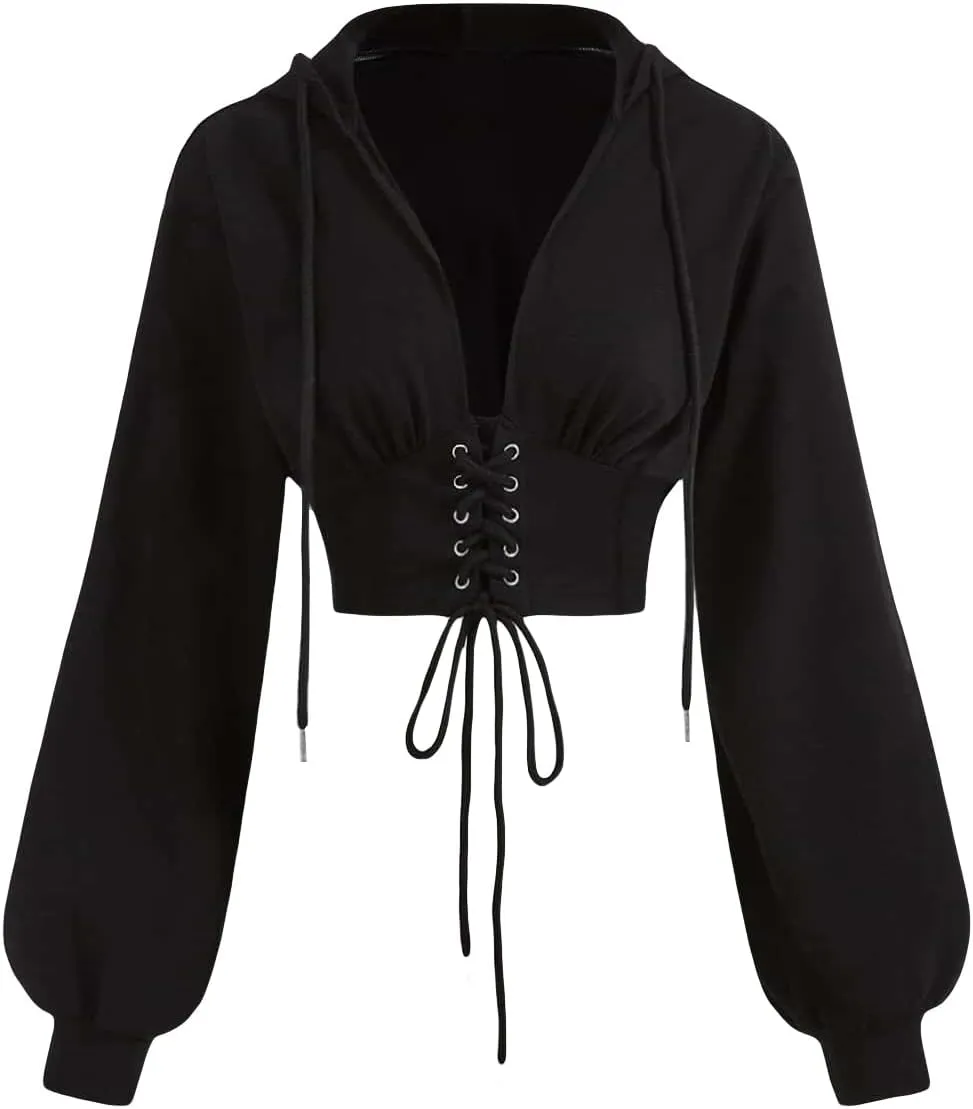 Verdusa Women's Lace Up Front Long Sleeve Drawstring Hoodie Crop Top