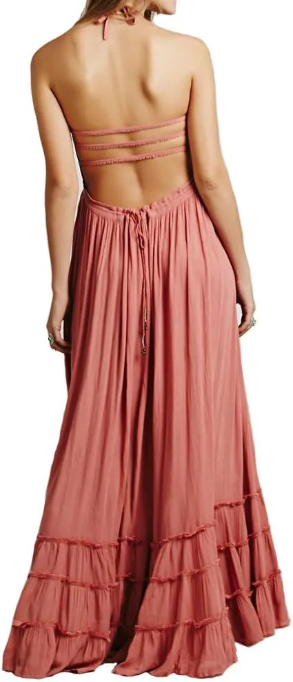 VERGOODR Women's Cotton Sexy Sleeveless Boho Beach Backless Long Bohemian Dress
