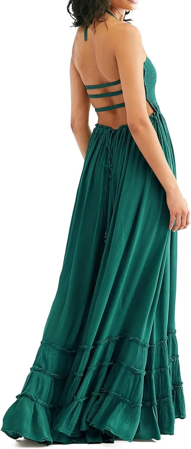 VERGOODR Women's Cotton Sexy Sleeveless Boho Beach Backless Long Bohemian Dress