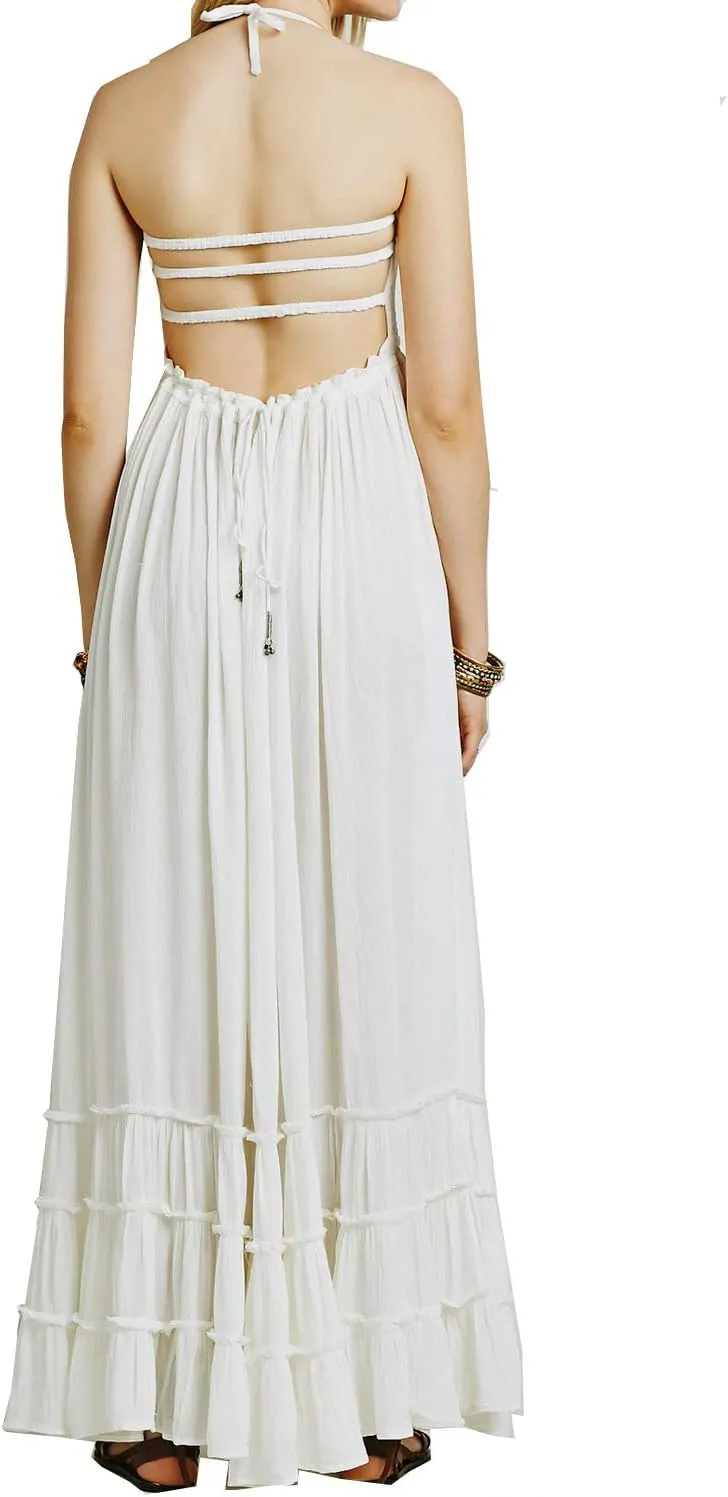 VERGOODR Women's Cotton Sexy Sleeveless Boho Beach Backless Long Bohemian Dress