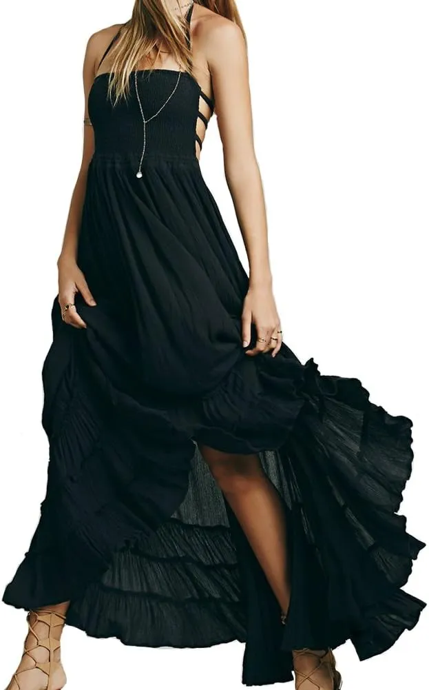 VERGOODR Women's Cotton Sexy Sleeveless Boho Beach Backless Long Bohemian Dress