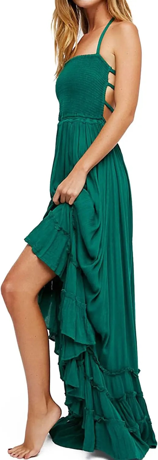 VERGOODR Women's Cotton Sexy Sleeveless Boho Beach Backless Long Bohemian Dress