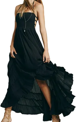 VERGOODR Women's Cotton Sexy Sleeveless Boho Beach Backless Long Bohemian Dress
