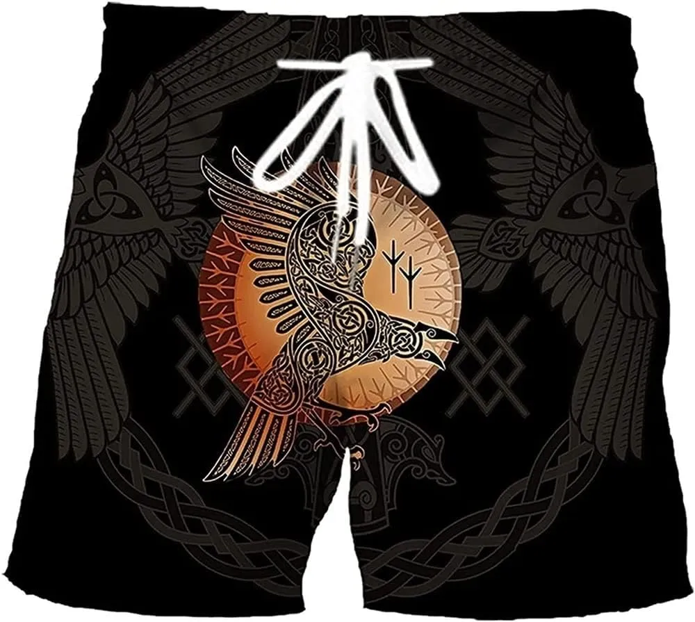 Viking Crow Shorts Quick Dry Running Shorts Norse Myth Style Beach Shorts Summer Hiking Shorts 3D Print Swim Shorts