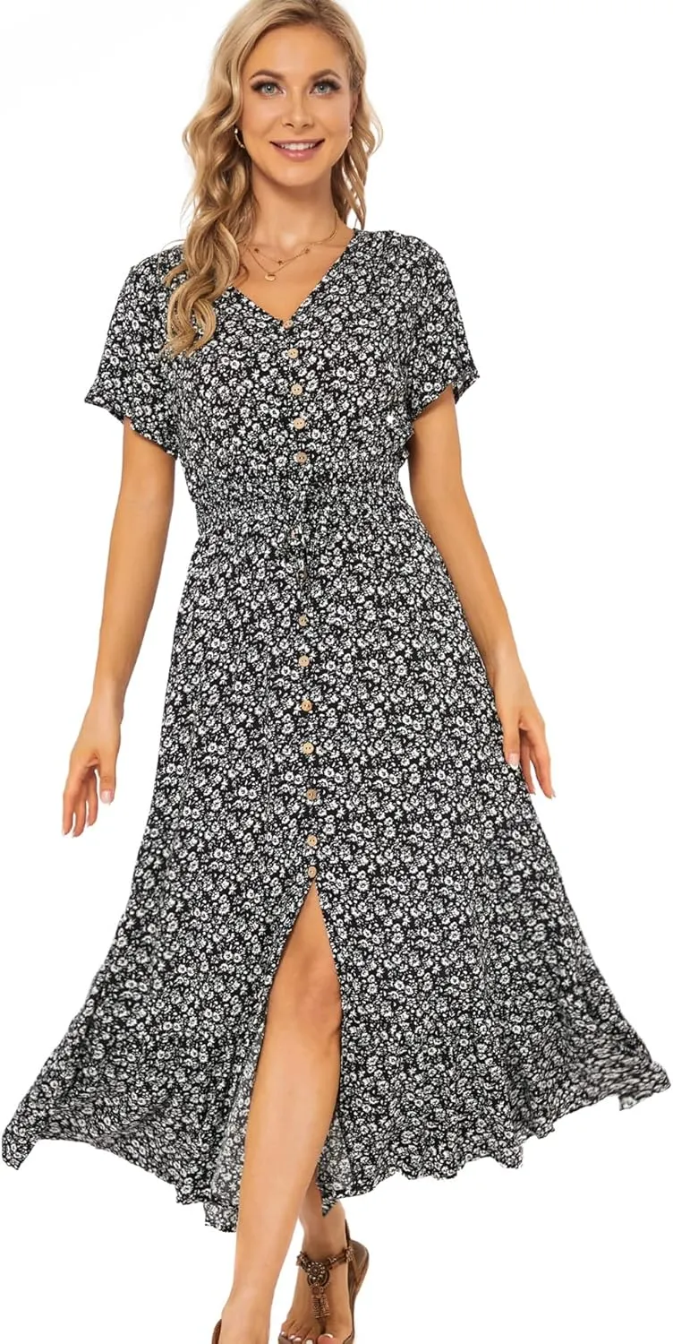 Vogebund Women's Floral Bohemian Maxi Dress Casual Button Down Flowy Summer Empire Waist Vintage Swing Dress