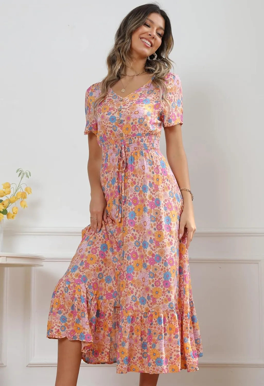 Vogebund Women's Floral Bohemian Maxi Dress Casual Button Down Flowy Summer Empire Waist Vintage Swing Dress