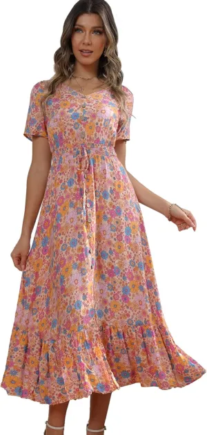 Vogebund Women's Floral Bohemian Maxi Dress Casual Button Down Flowy Summer Empire Waist Vintage Swing Dress