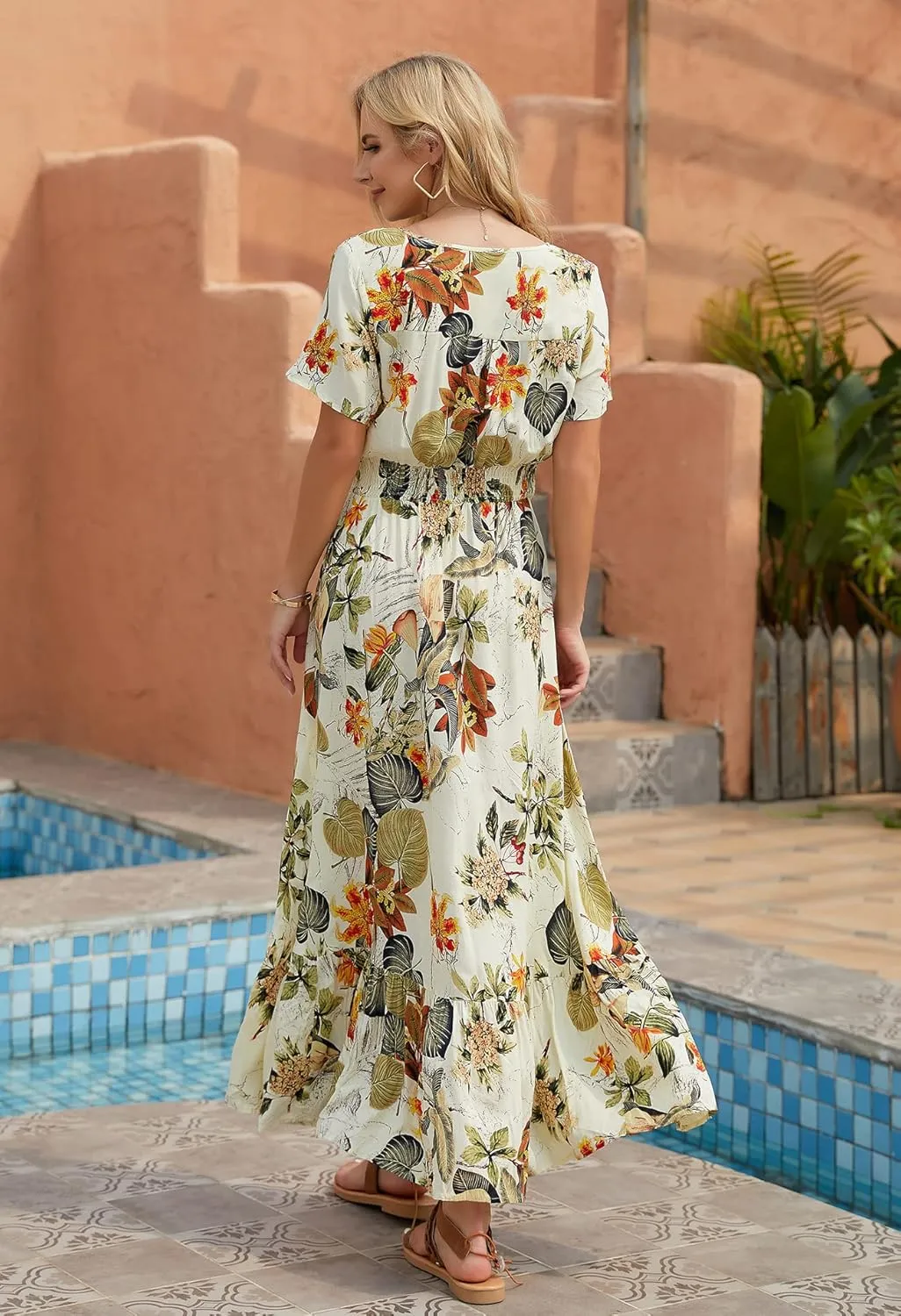 Vogebund Women's Floral Bohemian Maxi Dress Casual Button Down Flowy Summer Empire Waist Vintage Swing Dress